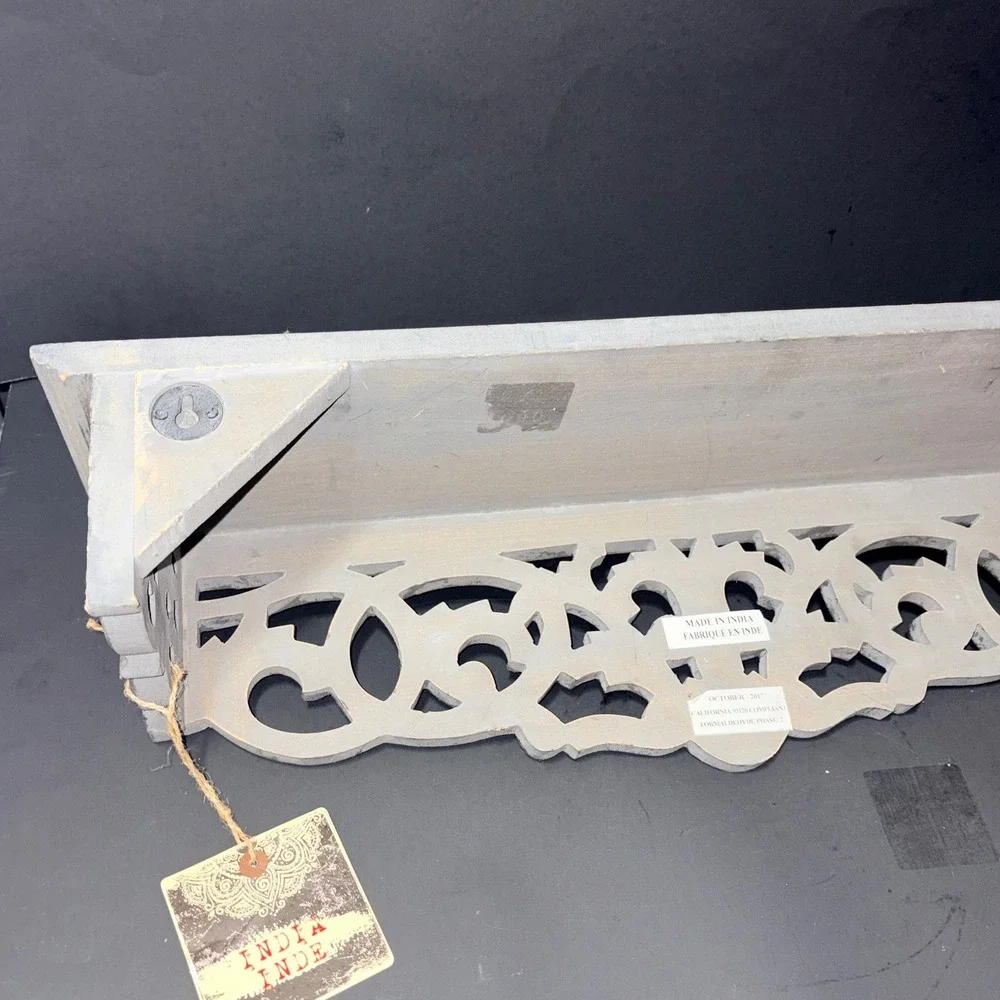Handcrafted Indian Wood Wall Shelf Ornate Carved Scrollwork Distressed Grey 24in